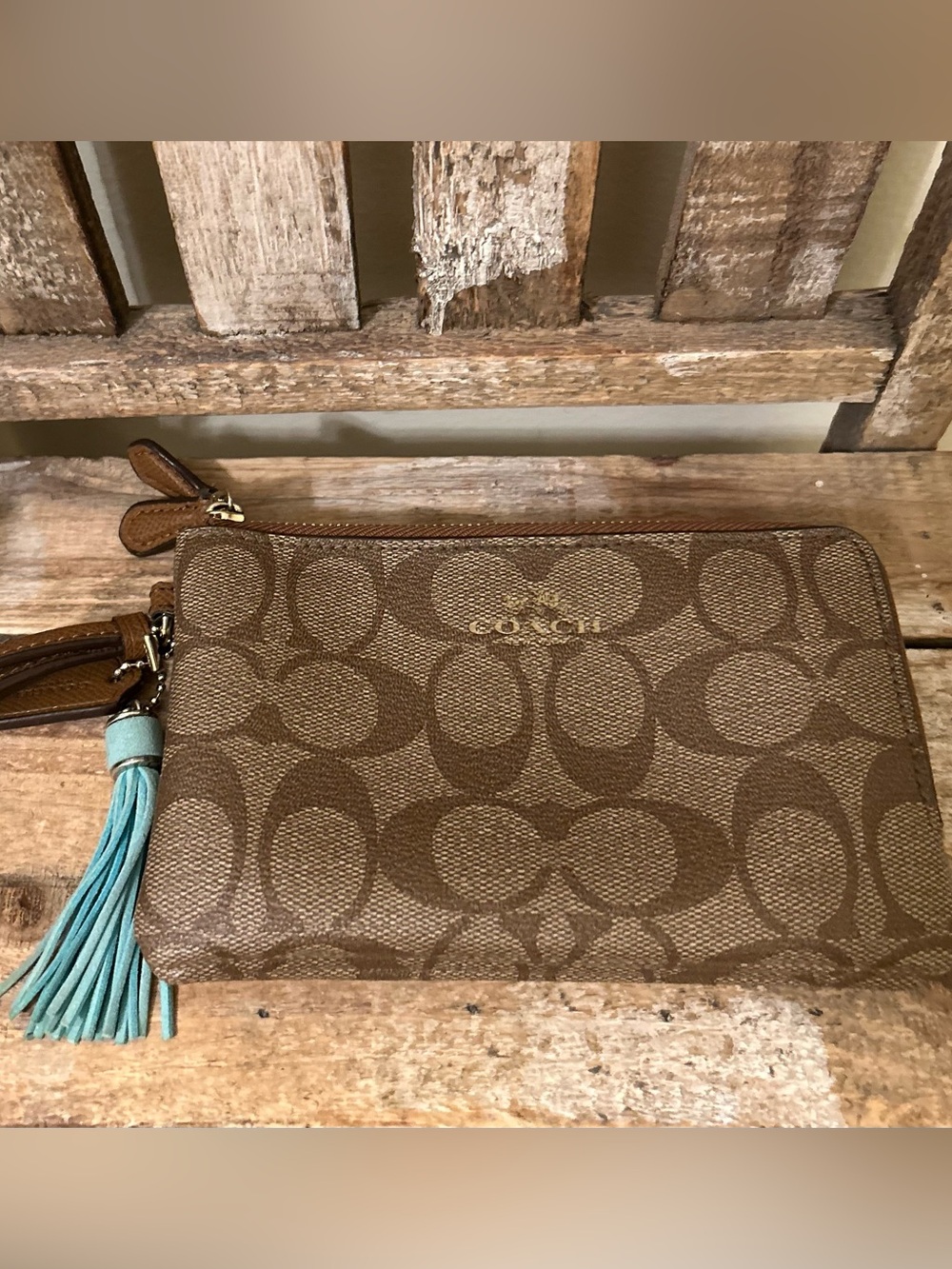 Coach Brown Signature Double Corner Zip Wristlet Clutch Purse